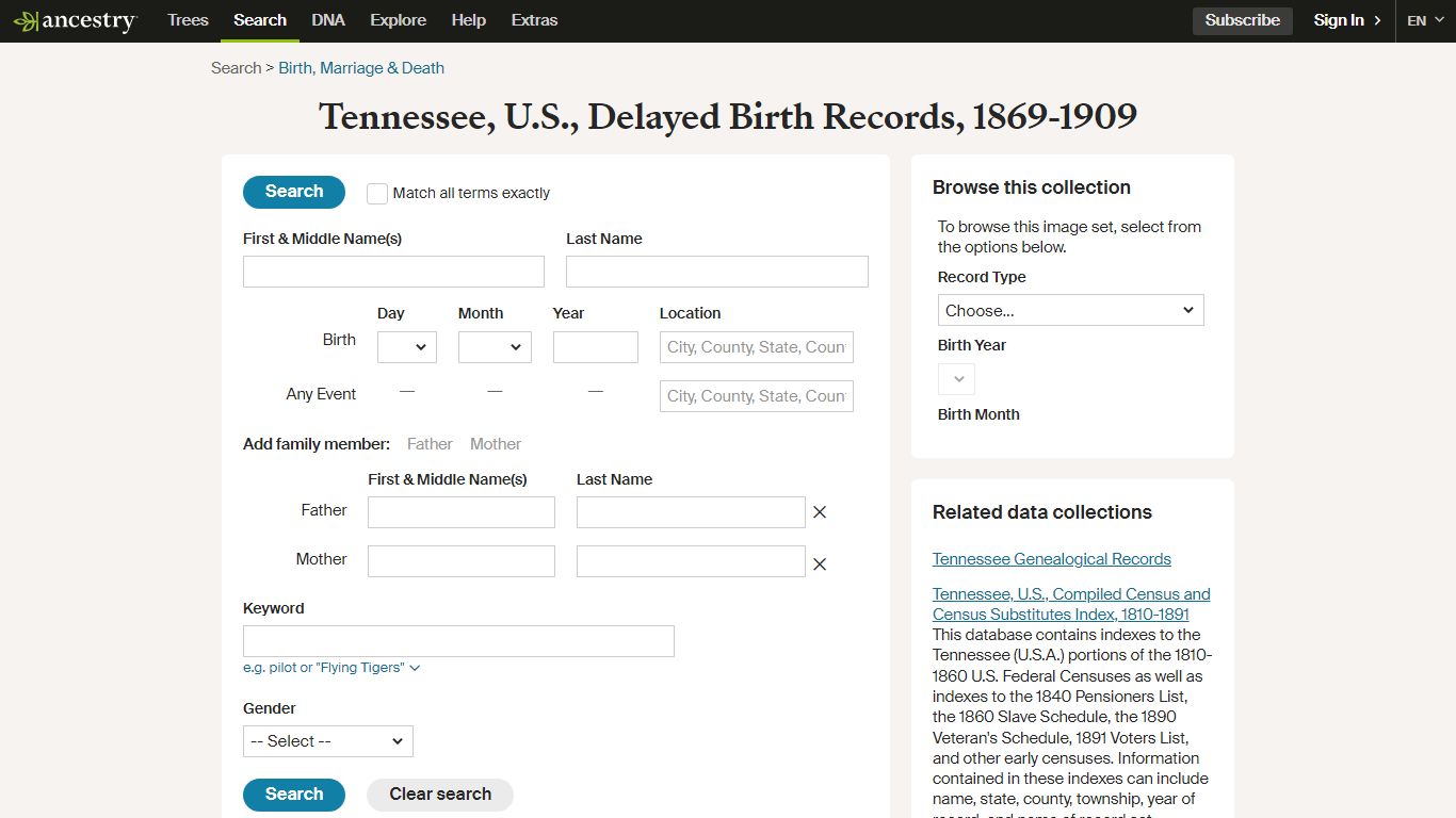 Tennessee, U.S., Delayed Birth Records, 1869-1909